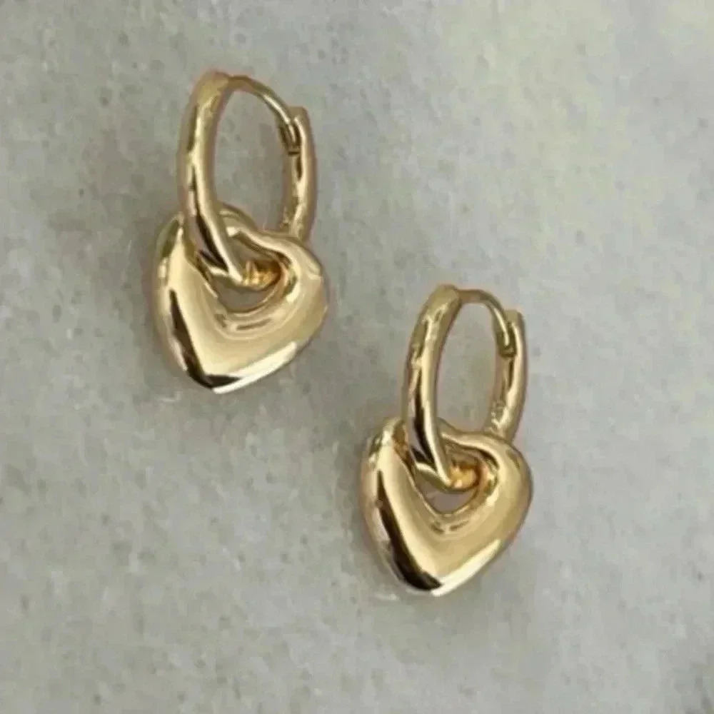 Gold Bubble Heart Charm Dangle Huggie Hoop Earrings - Picture 3 of 5